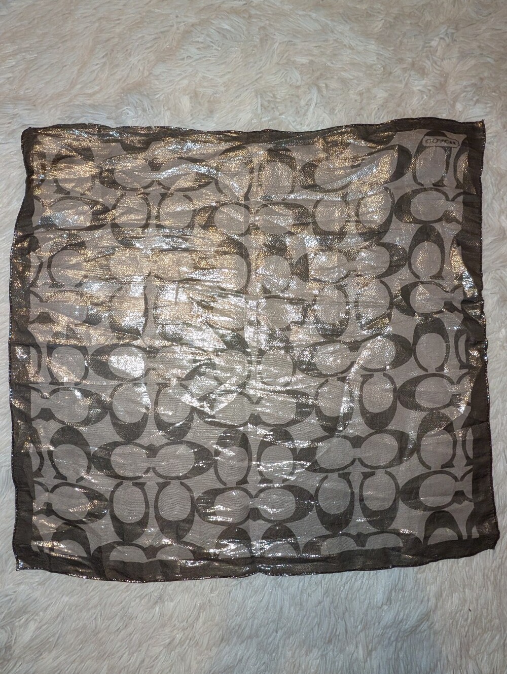 Coach Signature C Lurex Silk Metallic Square Scarf 21" Square Gray Silver EUC